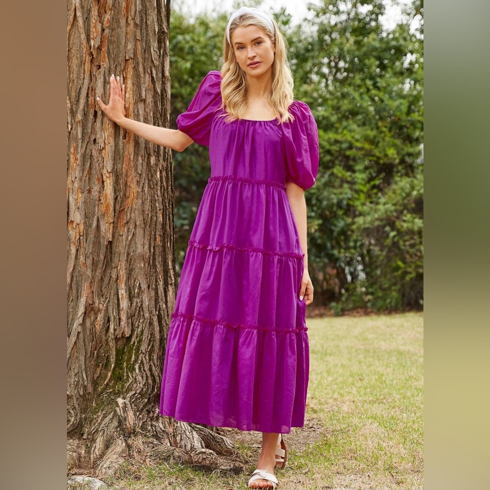 ANTONIO MELANI Purple Silk Cotton‎ Tiered Midi Dress Short Puff Sleeve Peasant